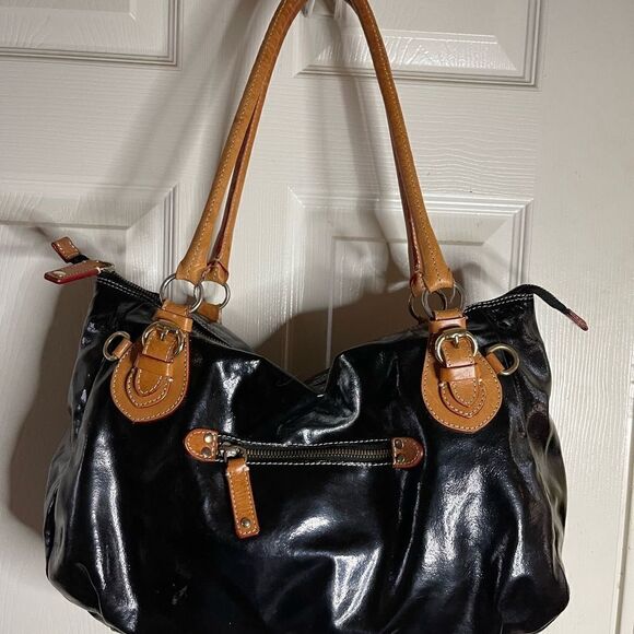 Cavalcanti made in Italy patent leather black shoulder bag tan leather trims - Picture 4 of 14